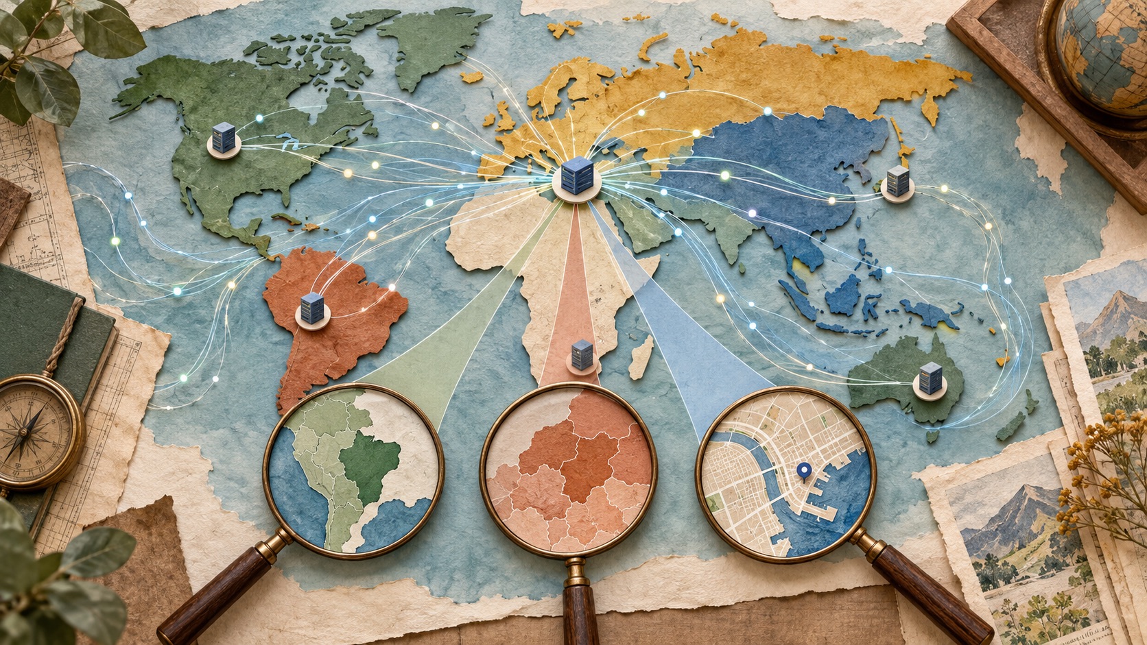 分層紙藝世界地圖展示網際網路路由，以及圍繞代理出口的三個獨立地理證據透鏡