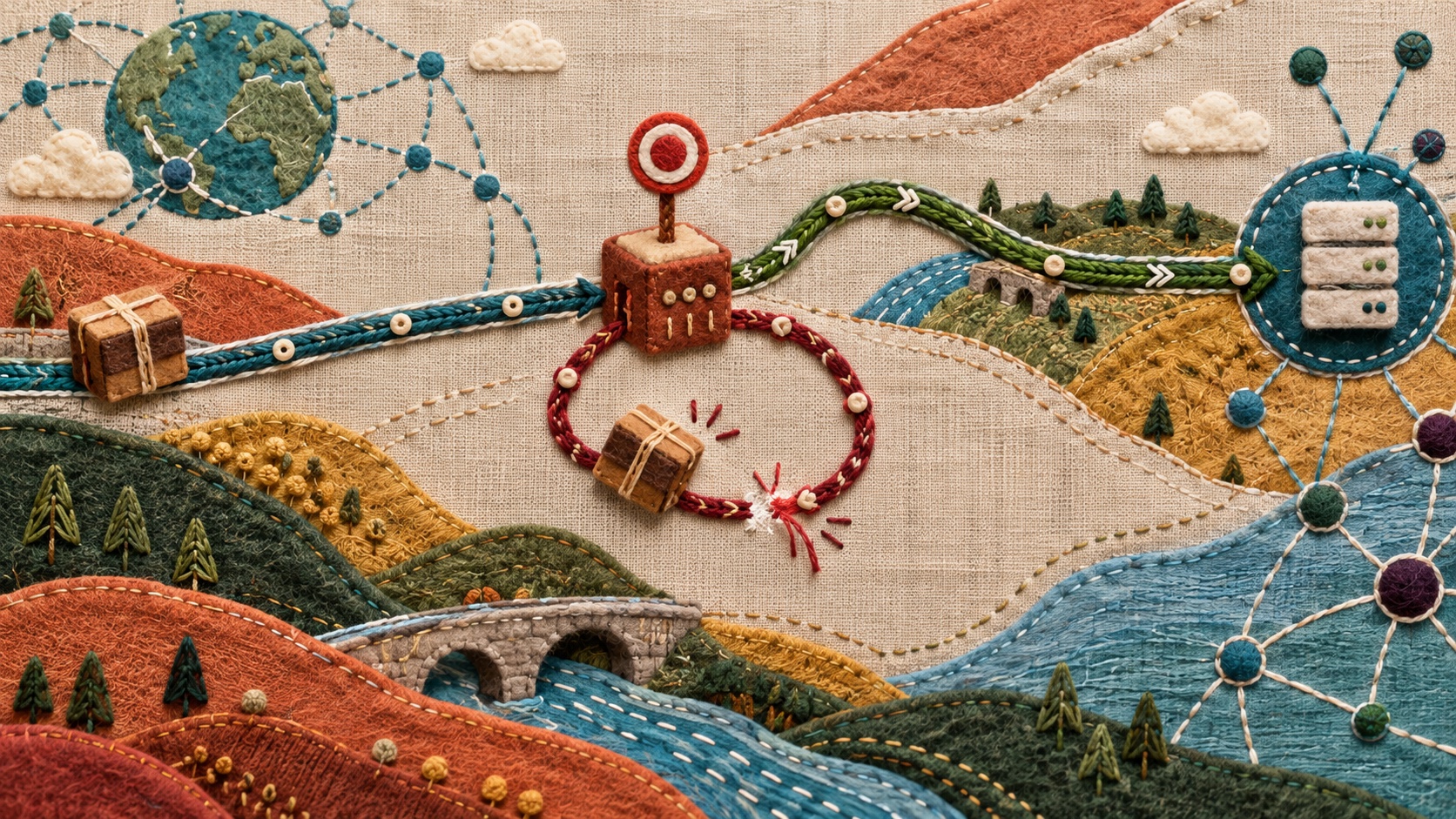 刺繡網際網路路徑將程式碼儲存庫包裹送入代理質詢迴圈,其中一條線斷開而替代路徑繼續前進