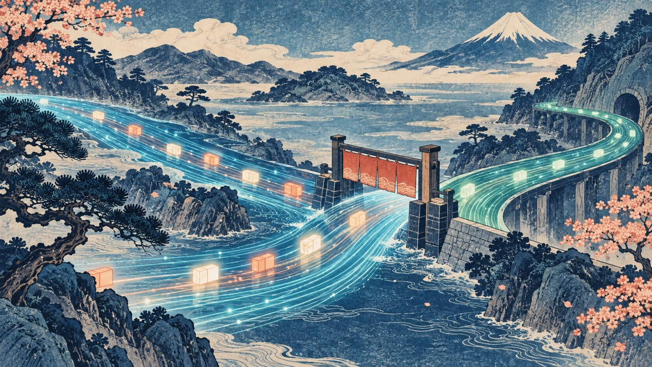 木版畫風格的網際網路資料流從正在排空的 HTTP/2 連線平穩切換到新路徑
